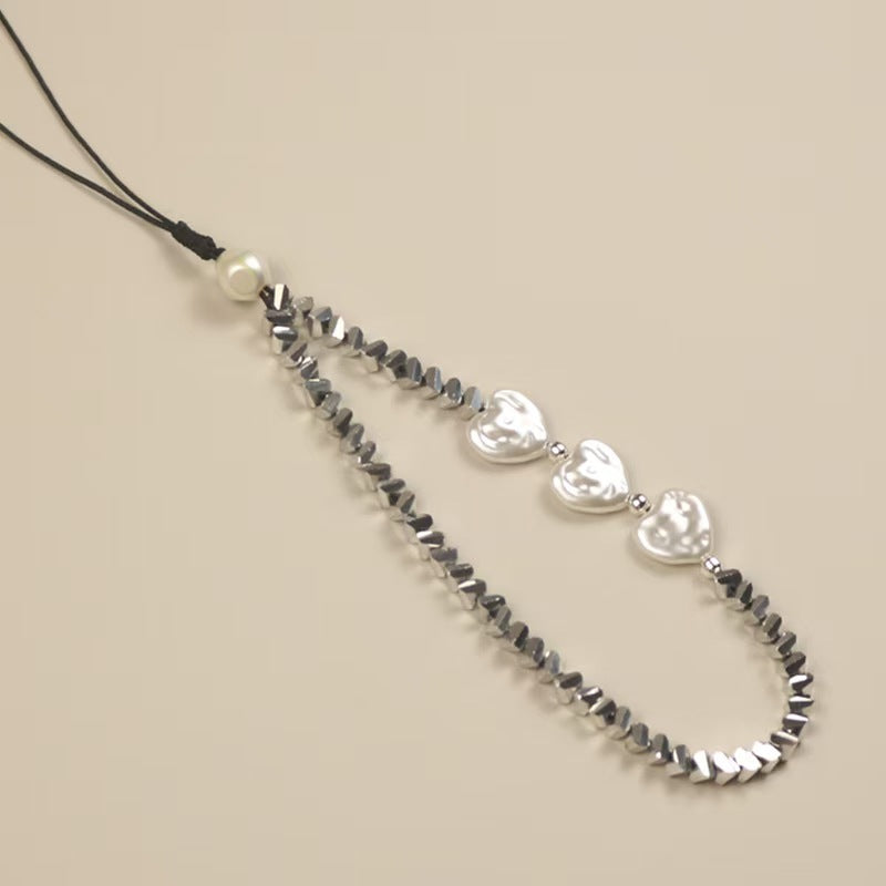 Heart Pearl Phone Lanyard - Black Crystal Beaded Strap