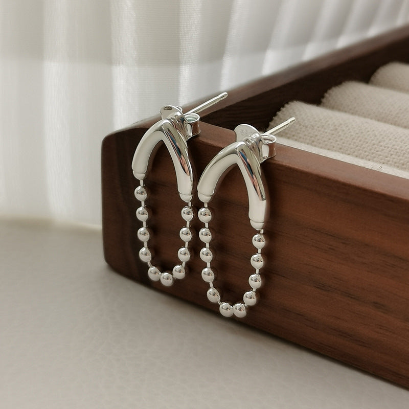 S925 Silver Stud Earrings Sterling Silver V-Shaped Tassel round Beads Chain Earrings for Women Special-Interest Design