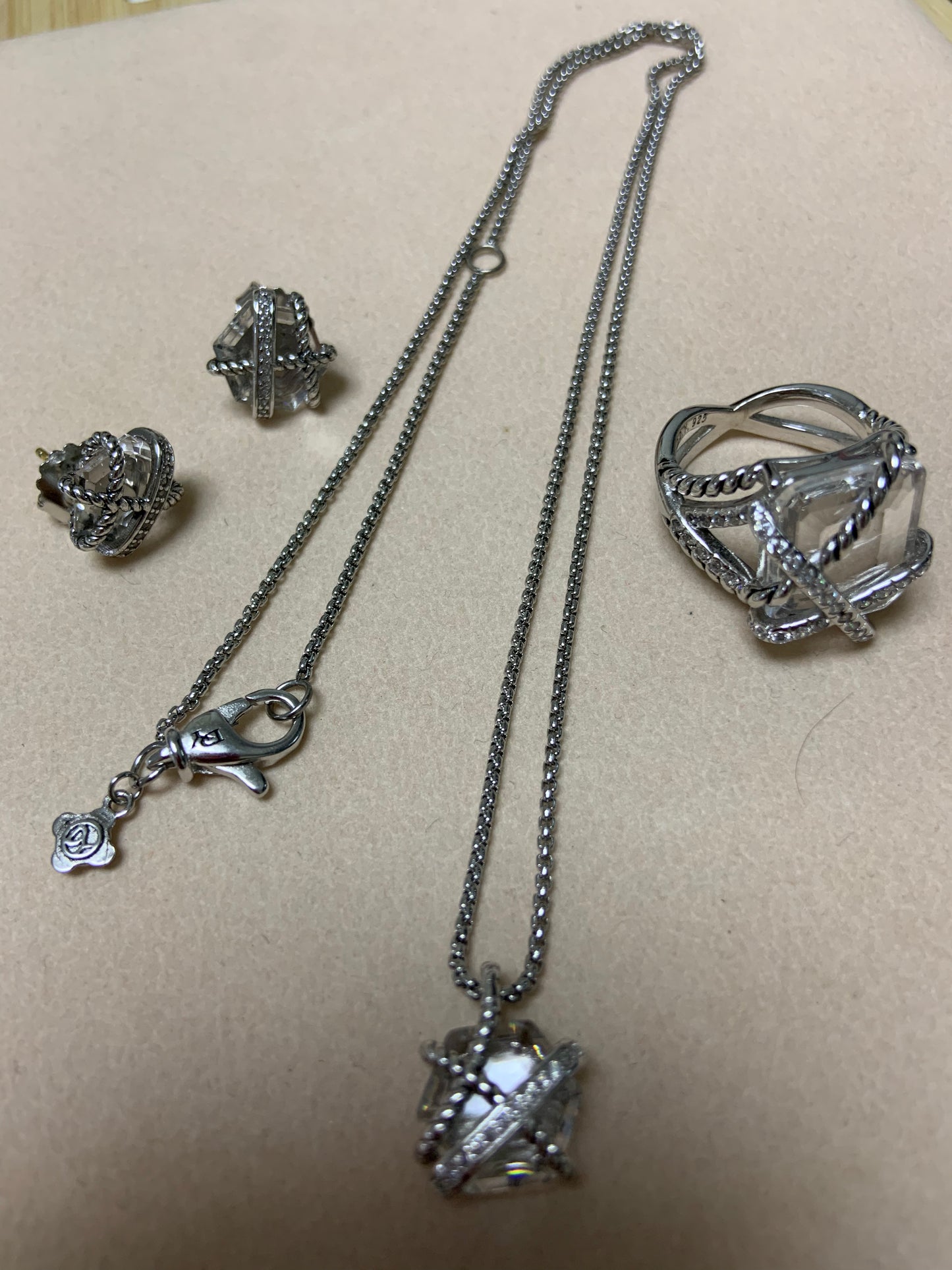 DY silver set ,necklace clear stone 45+5CM ,earrings,ring size 6/7/8/9