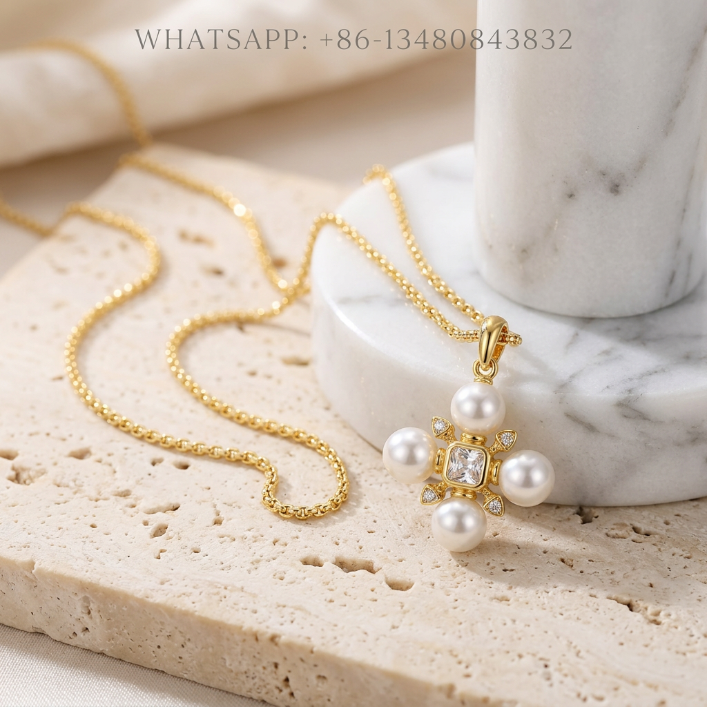 DY Necklace 18K Yellow Gold Four-Pearl Quatrefoil Cross Pendant with Diamond Accents - WHATSAPP:+86-13480843832
