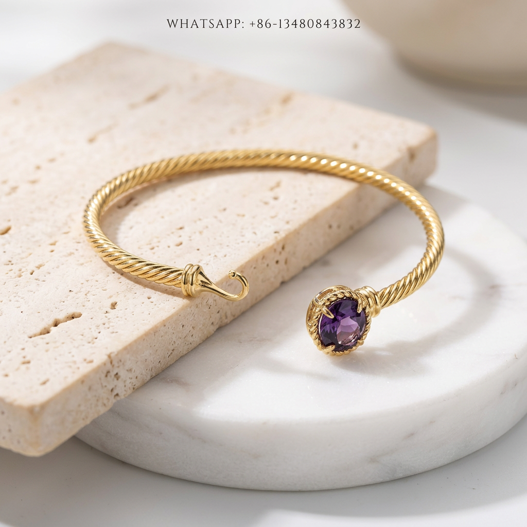 DY Bracelet Cable Classics 18K Yellow Gold Oval Faceted Purple Amethyst Hook Clasp Bangle Bracelet - WHATSAPP:+86-13480843832