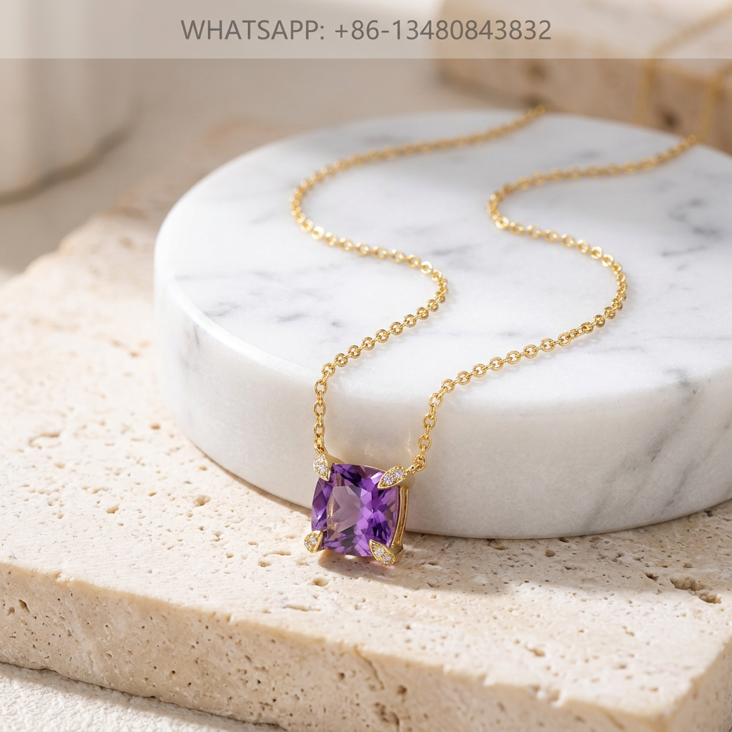 DY Necklace 18K Yellow Gold Amethyst Solitaire Pendant with Diamond Prongs - WHATSAPP:+86-13480843832