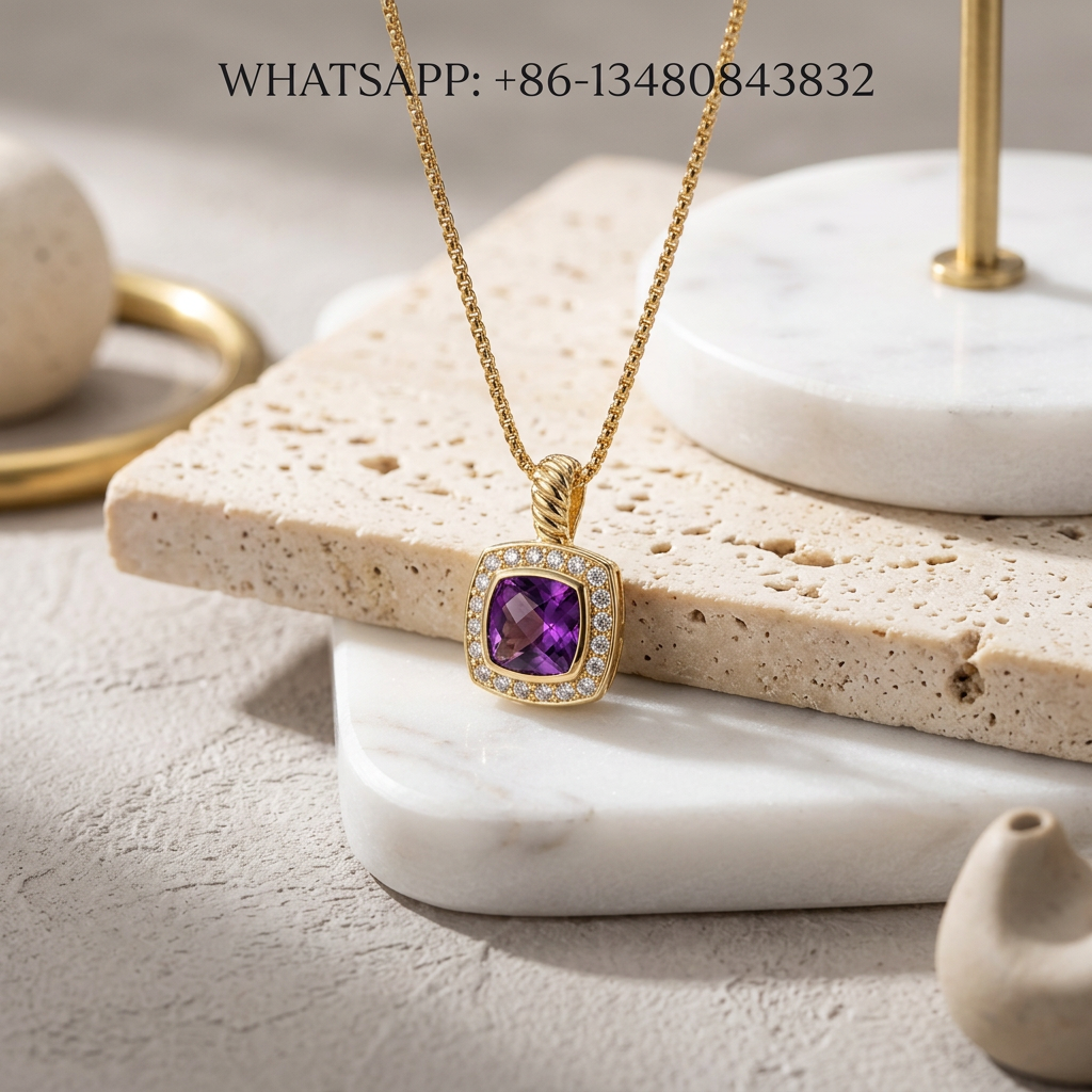 DY Necklace Petite Albion 18K Yellow Gold Cushion-Cut Purple Amethyst Pavé Diamond Halo Pendant Necklace - WHATSAPP:+86-13480843832