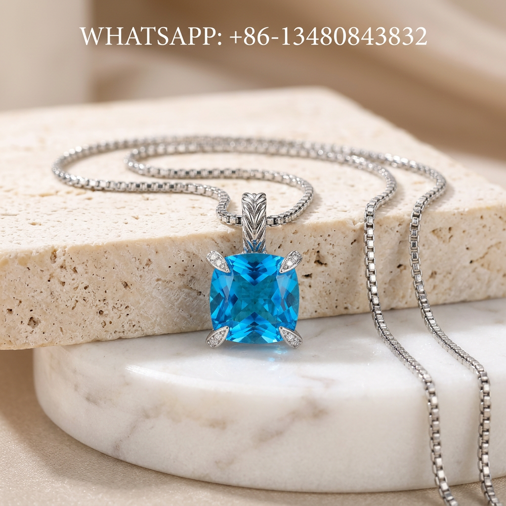 DY Necklace Silver Cushion Swiss Blue Topaz Solitaire Pendant Diamond Prongs - WHATSAPP:+86-13480843832