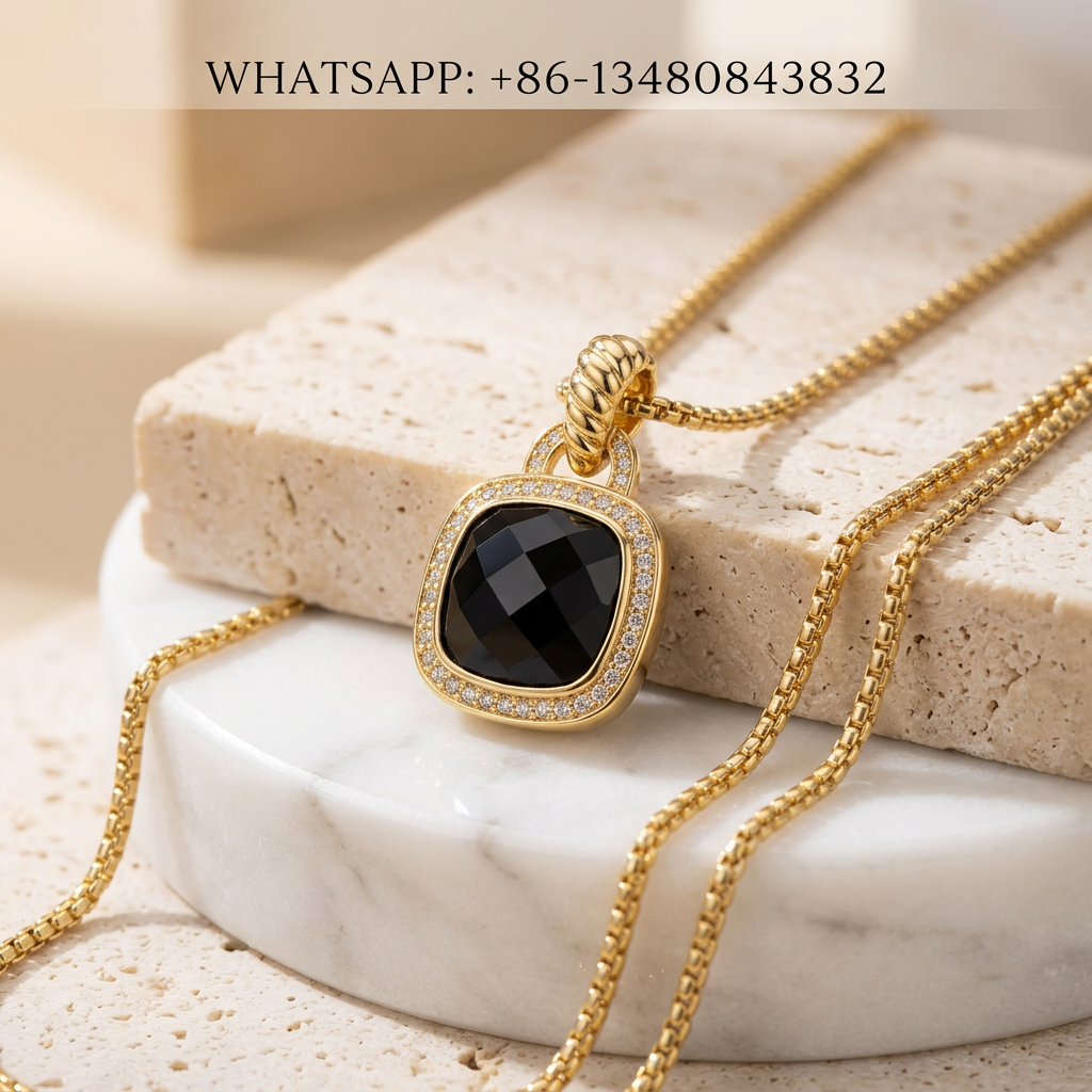 DY Necklace Albion 18K Gold Cushion Jet Black Onyx Diamond Halo Pendant - WHATSAPP:+86-13480843832