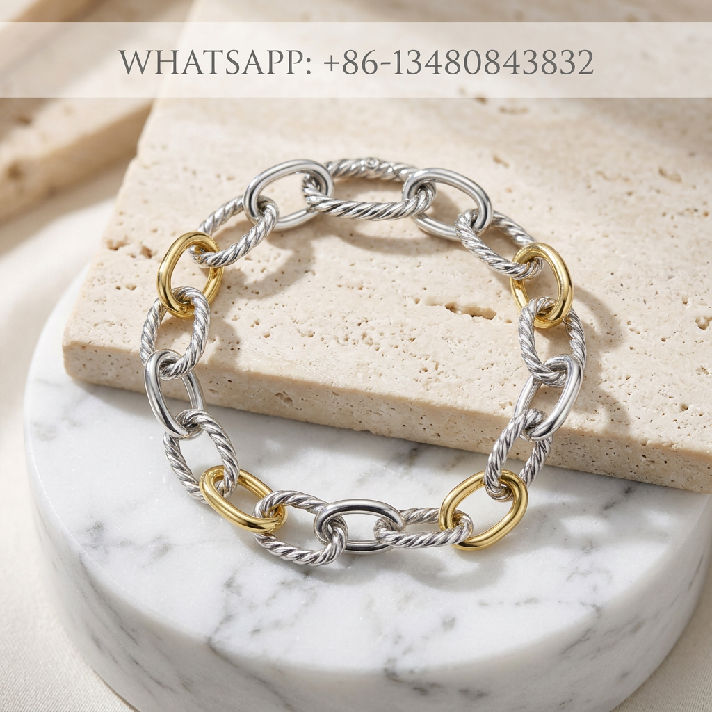 DY Bracelet Continuity Two-Tone 925 Sterling Silver & 18K Yellow Gold Chunky Twisted Cable & Smooth Oval Link Chain Bracelet - WHATSAPP:+86-13480843832