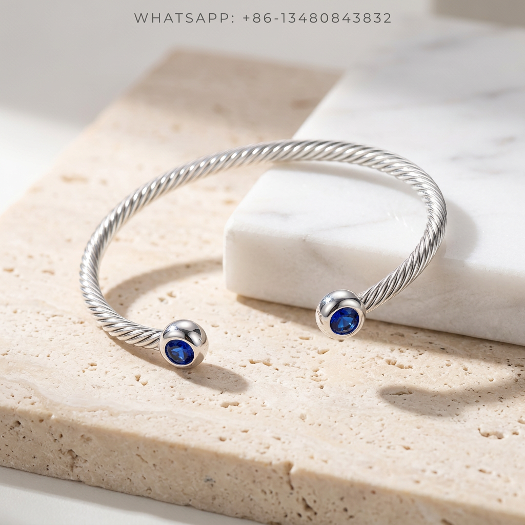 DY Bracelet Cable Classics 925 Sterling Silver Blue Sapphire Domed Cap Cuff Bracelet - WHATSAPP:+86-13480843832