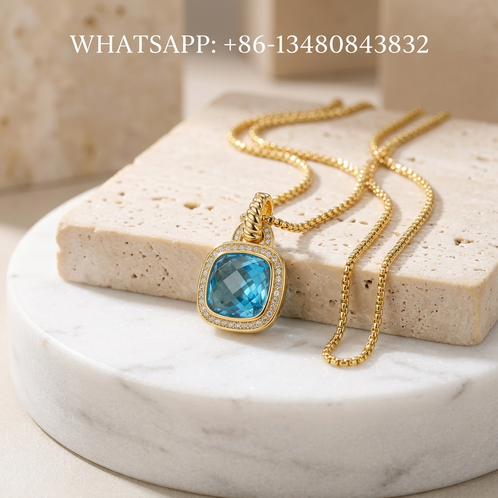 DY Necklace Albion 18K Gold Cushion Swiss Blue Topaz Diamond Halo Pendant - WHATSAPP:+86-13480843832