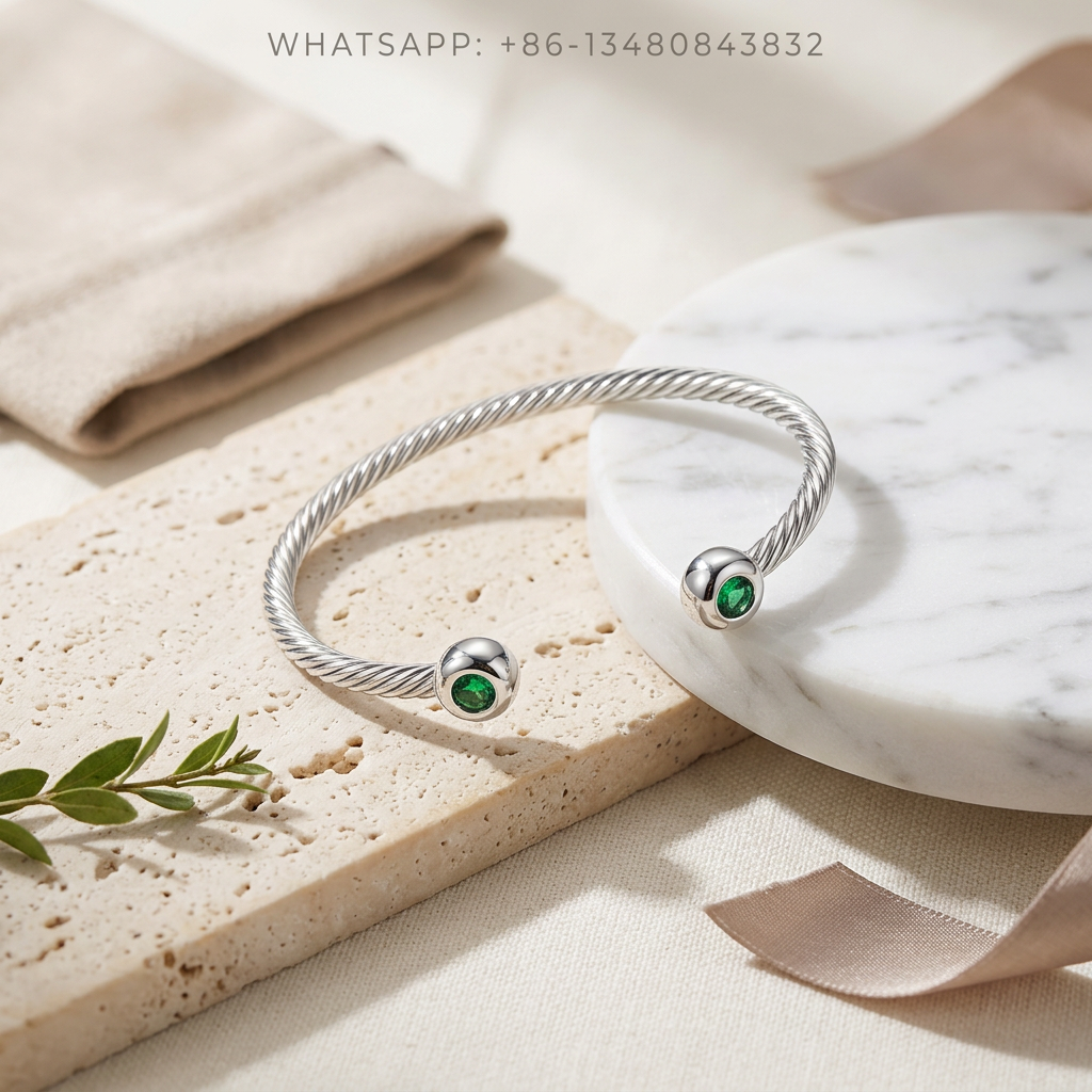 DY Bracelet Cable Classics 925 Sterling Silver Green Tourmaline Domed Cap Cuff Bracelet - WHATSAPP:+86-13480843832