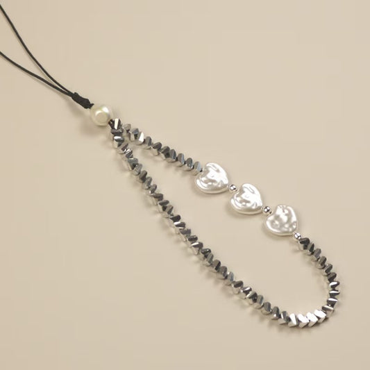 Heart Pearl Phone Lanyard - Black Crystal Beaded Strap
