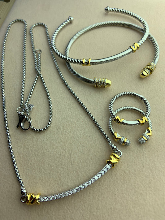 DY two tone set necklace long 45+5Cm. ring size 6/7/8/9