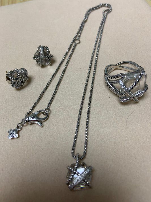 DY silver set ,necklace clear stone 45+5CM ,earrings,ring size 6/7/8/9