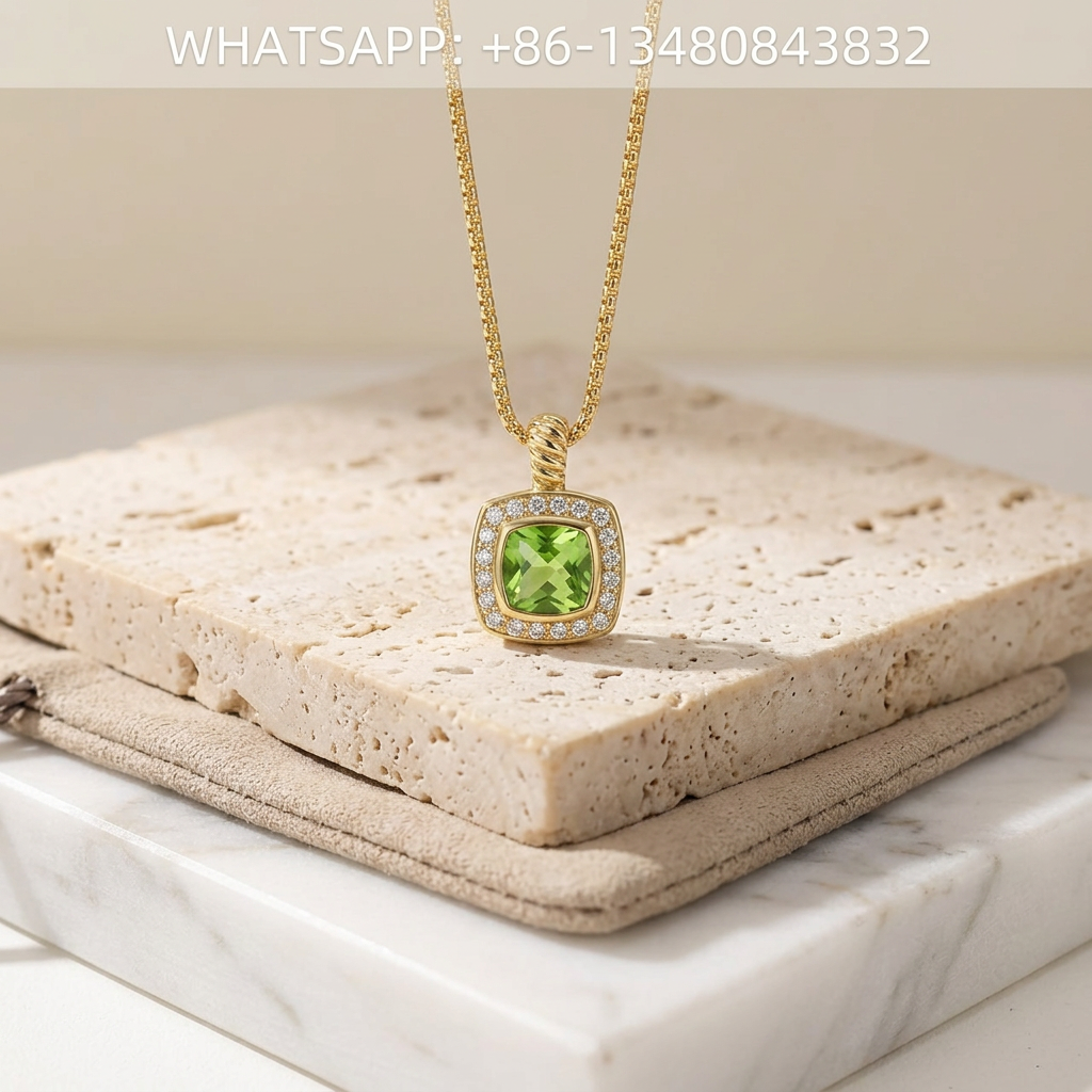 DY Necklace Petite Albion 18K Yellow Gold Cushion-Cut Green Peridot Pavé Diamond Halo Pendant Necklace - WHATSAPP:+86-13480843832