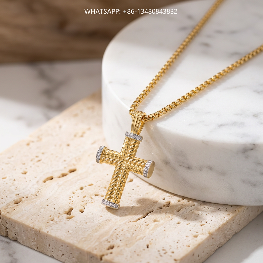 DY Necklace 18K Gold Cable Cross Pendant Necklace Diamond Caps - WHATSAPP:+86-13480843832