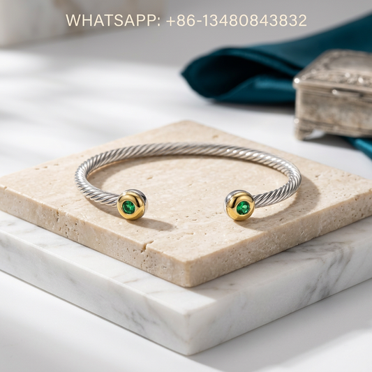 DY Bracelet Cable Classics Two-Tone 925 Sterling Silver & 18K Yellow Gold Green Tourmaline Domed Cap Cuff Bracelet - WHATSAPP:+86-13480843832