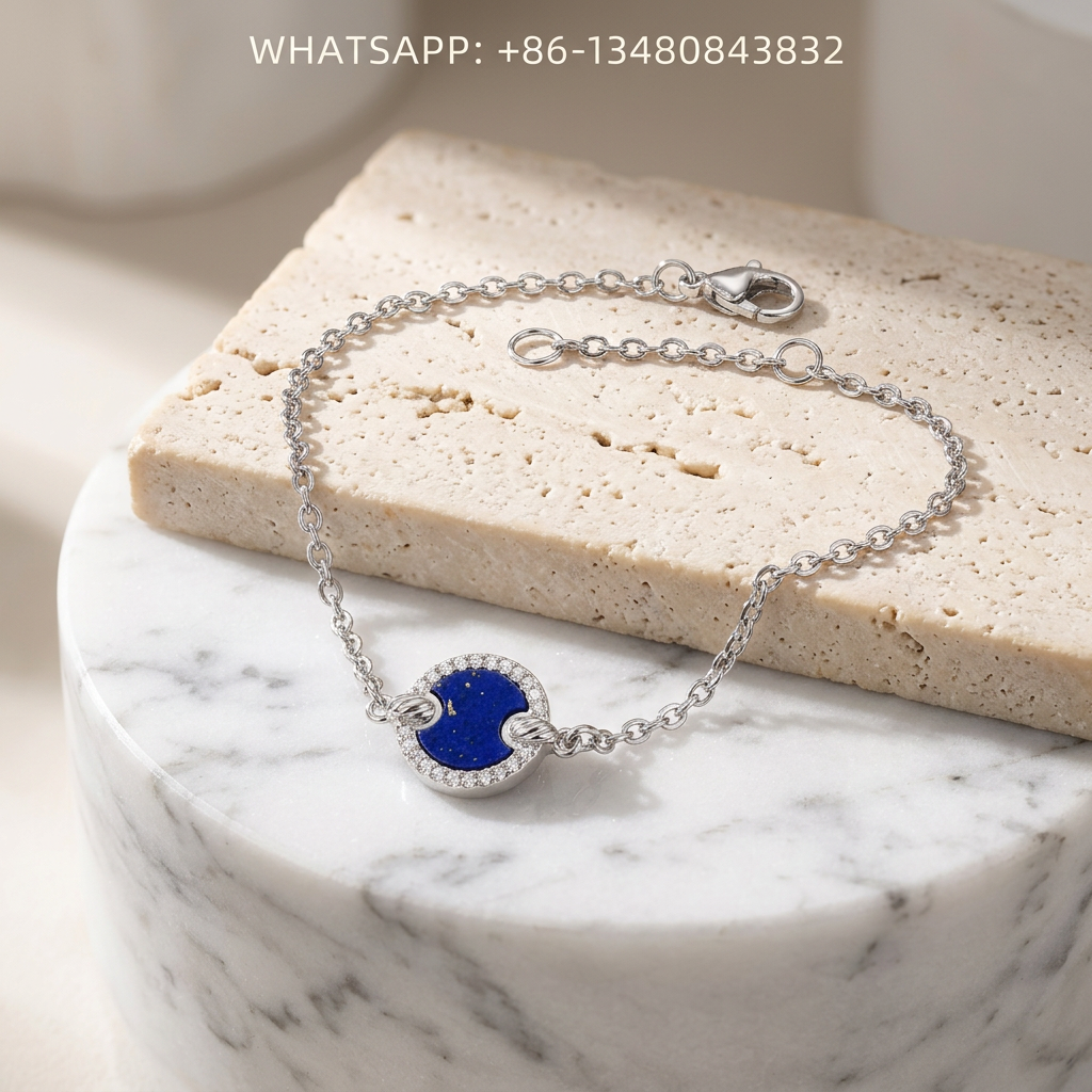 DY Bracelet Elements 925 Sterling Silver Round Lapis Lazuli Disc Pavé Diamond Halo Station Chain Bracelet - WHATSAPP:+86-13480843832