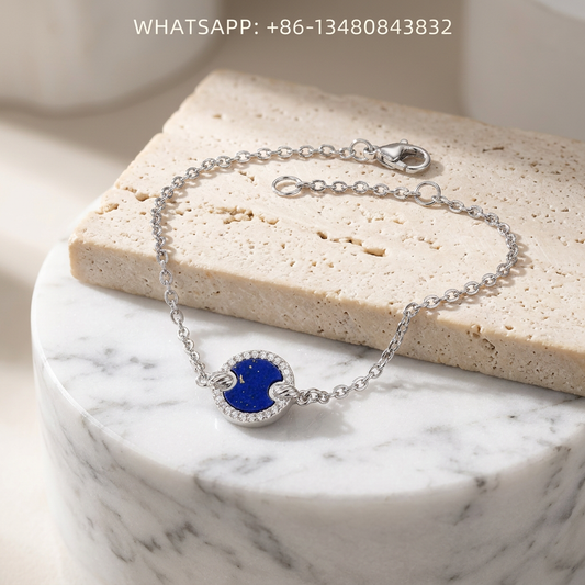 DY Bracelet Elements 925 Sterling Silver Round Lapis Lazuli Disc Pavé Diamond Halo Station Chain Bracelet - WHATSAPP:+86-13480843832