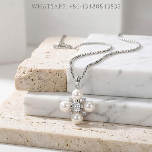 DY Necklace Sterling Silver Four-Pearl Quatrefoil Cross Pendant with Diamond Accents - WHATSAPP:+86-13480843832