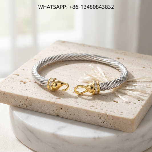 DY Bracelet Two-Tone Cable Classics 925 Silver & 18K Gold Hook Bangle Bracelet with Pavé Diamonds - WHATSAPP:+86-13480843832