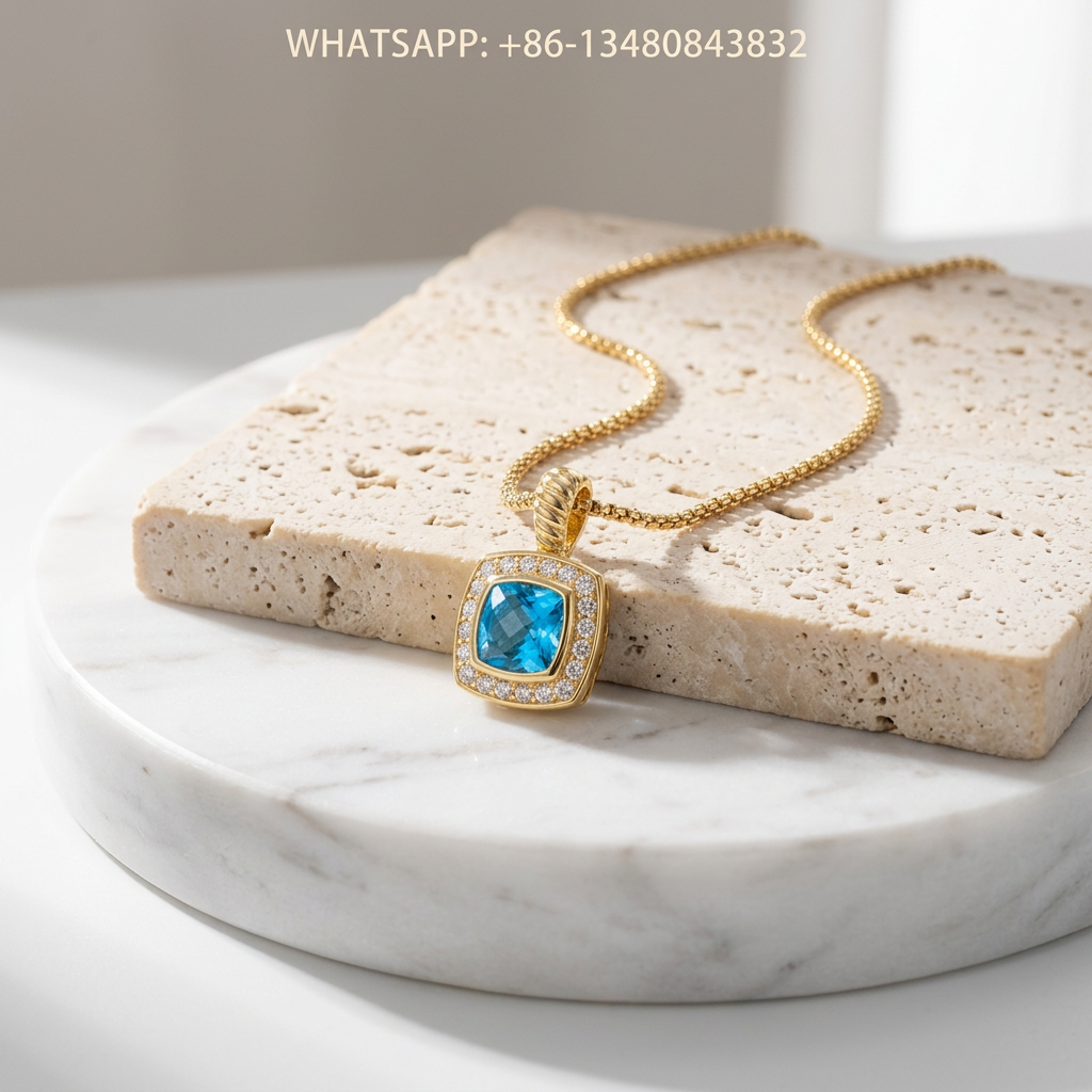 DY Necklace Petite Albion 18K Yellow Gold Cushion-Cut Swiss Blue Topaz Pavé Diamond Halo Pendant Necklace - WHATSAPP:+86-13480843832
