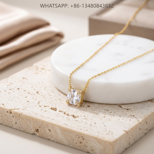 DY Necklace 18K Yellow Gold Clear White Topaz Solitaire Pendant with Diamond Prongs - WHATSAPP:+86-13480843832