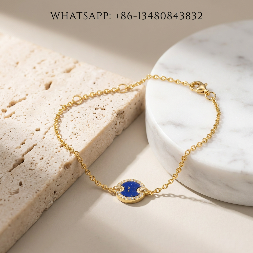 DY Bracelet Elements 18K Yellow Gold Round Lapis Lazuli Disc Pavé Diamond Halo Station Chain Bracelet - WHATSAPP:+86-13480843832