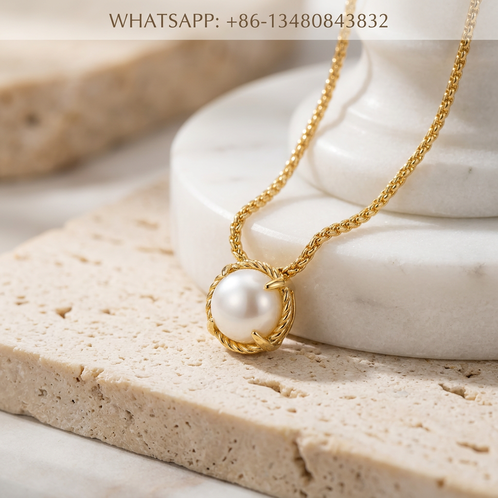 DY Necklace 18K Yellow Gold Twisted Cable Round White Pearl Solitaire Pendant - WHATSAPP:+86-13480843832