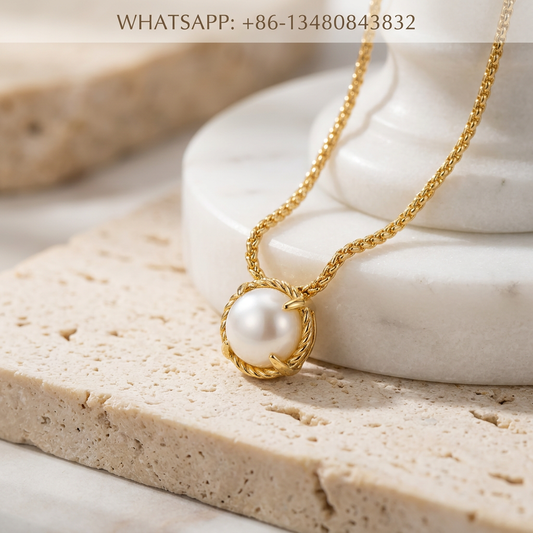DY Necklace 18K Yellow Gold Twisted Cable Round White Pearl Solitaire Pendant - WHATSAPP:+86-13480843832