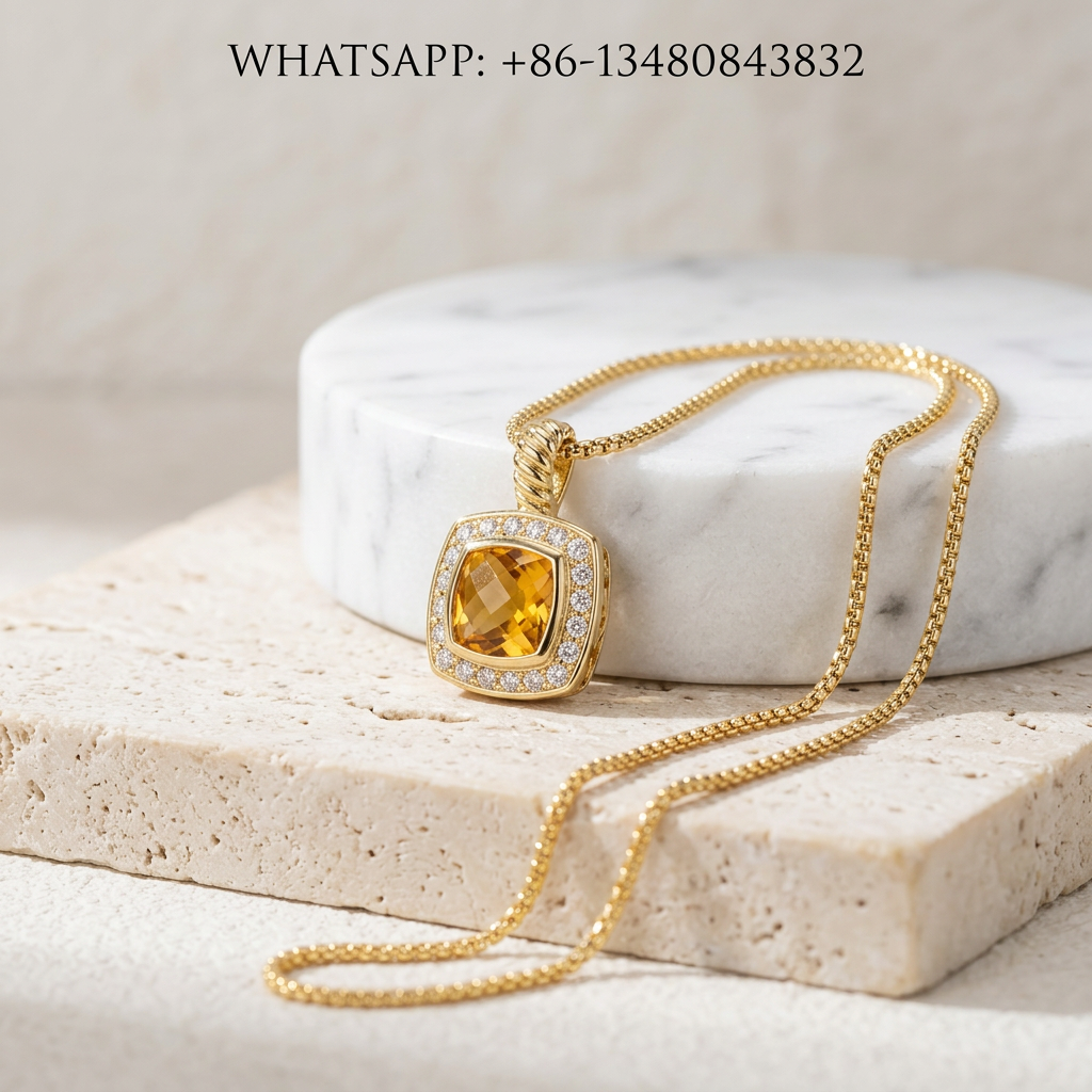 DY Necklace Petite Albion 18K Yellow Gold Cushion-Cut Golden Citrine Pavé Diamond Halo Pendant Necklace - WHATSAPP:+86-13480843832