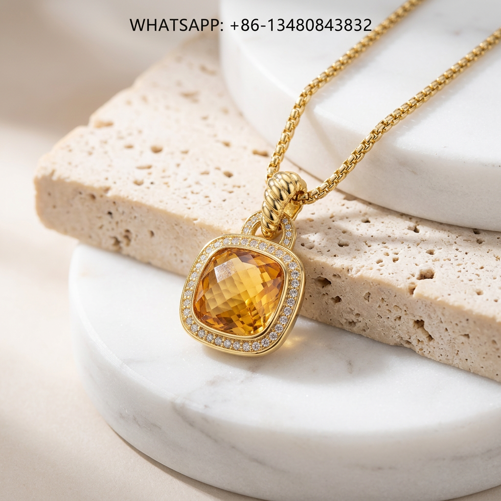 DY Necklace Albion 18K Gold Cushion Golden Citrine Diamond Halo Pendant - WHATSAPP:+86-13480843832