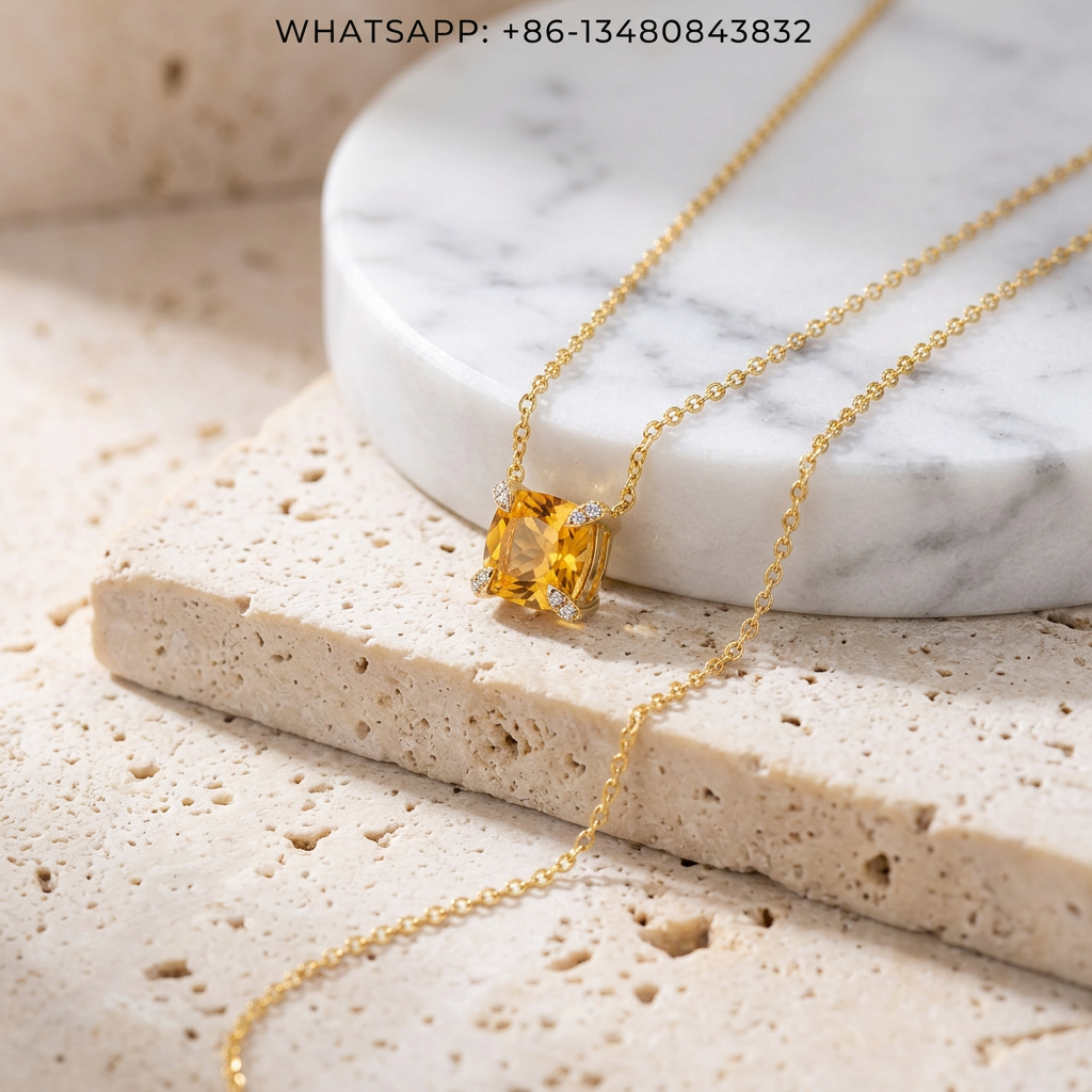DY Necklace 18K Yellow Gold Citrine Solitaire Pendant with Diamond Prongs - WHATSAPP:+86-13480843832