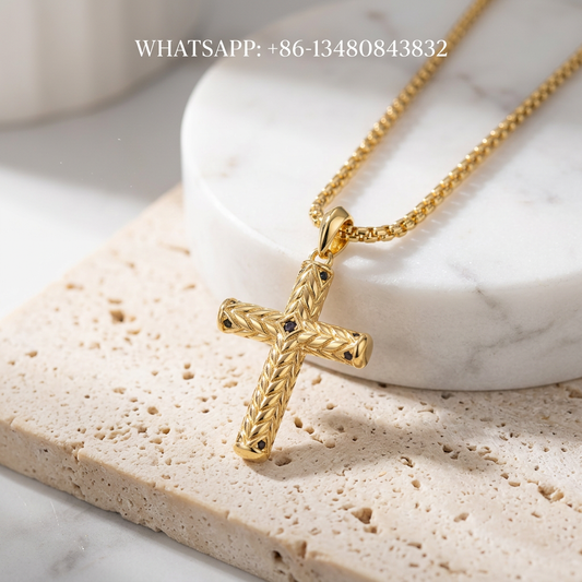 DY Necklace Chevron 18K Yellow Gold Carved Cross Pendant Necklace on Round Box Chain - WHATSAPP:+86-13480843832