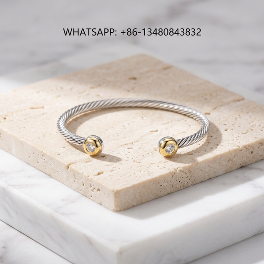 DY Bracelet Cable Classics Two-Tone 925 Sterling Silver & 18K Yellow Gold Diamond Domed Cap Cuff Bracelet - WHATSAPP:+86-13480843832