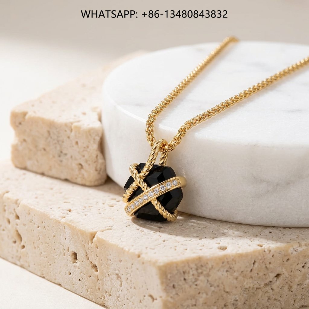 DY Necklace 18K Yellow Gold Faceted Black Onyx Crossover Wrapped Cable Pendant with Diamonds - WHATSAPP:+86-13480843832