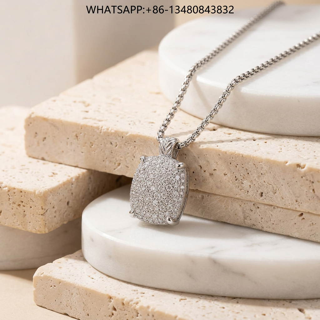 DY Necklace Sterling Silver Pavé Diamond Cushion Enhancer Pendant - WHATSAPP:+86-13480843832