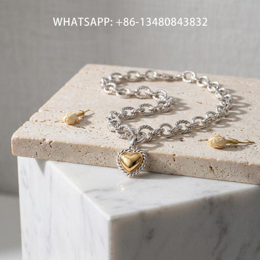 DY Necklace Two-Tone Sterling Silver and 18K Yellow Gold Cable Heart Charm Alternating Oval Link Chain Necklace - WHATSAPP:+86-13480843832