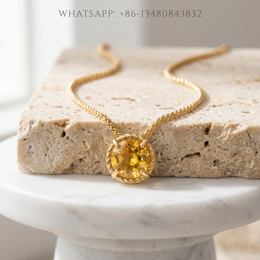 DY Necklace 18K Yellow Gold Twisted Cable Round Yellow Citrine Solitaire Pendant - WHATSAPP:+86-13480843832