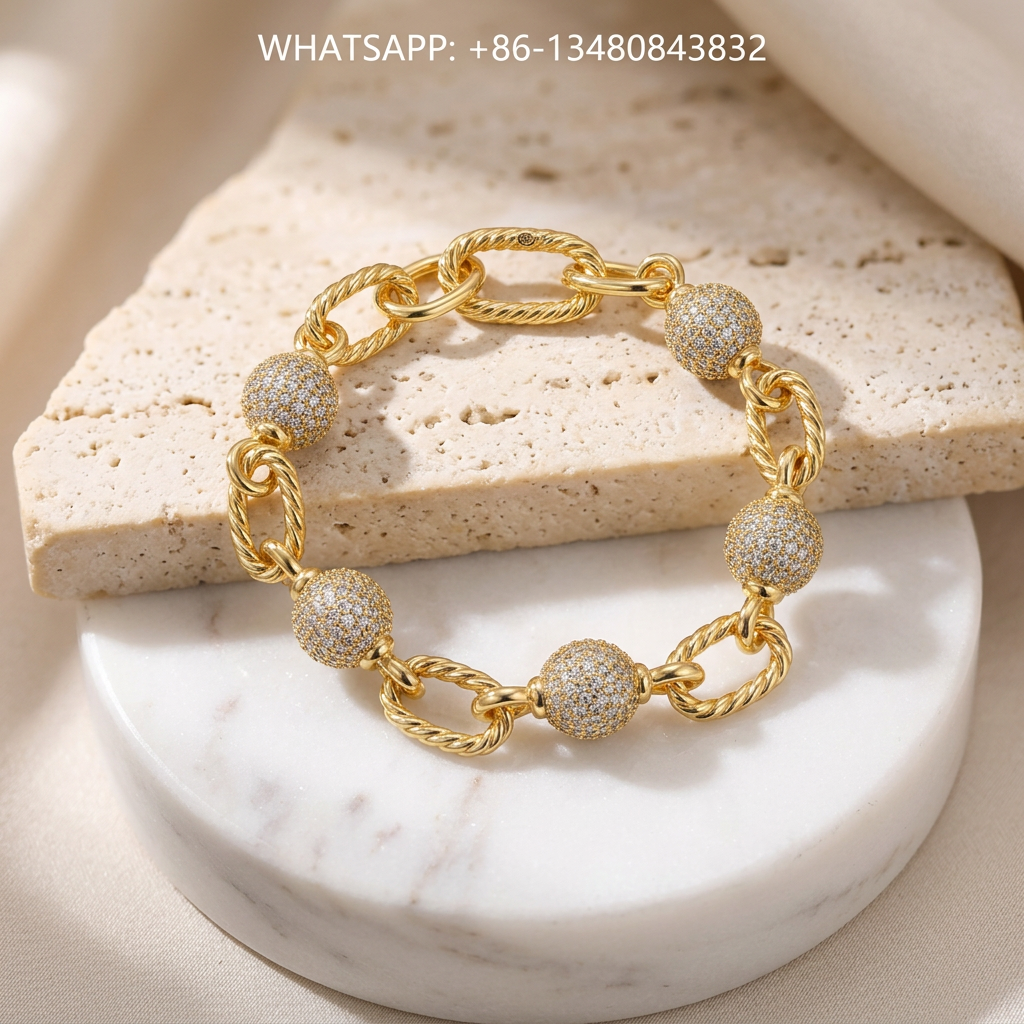 DY Bracelet 18K Yellow Gold Cable Link Bracelet with Pavé Diamond Spheres - WHATSAPP:+86-13480843832