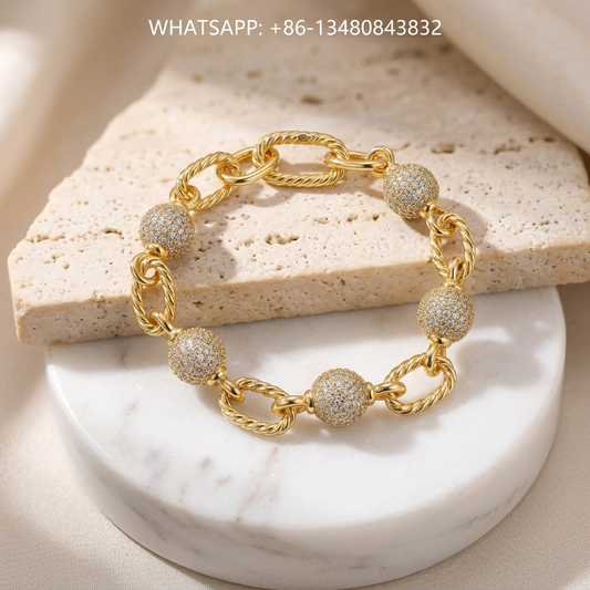 DY Bracelet 18K Yellow Gold Cable Link Bracelet with Pavé Diamond Spheres - WHATSAPP:+86-13480843832