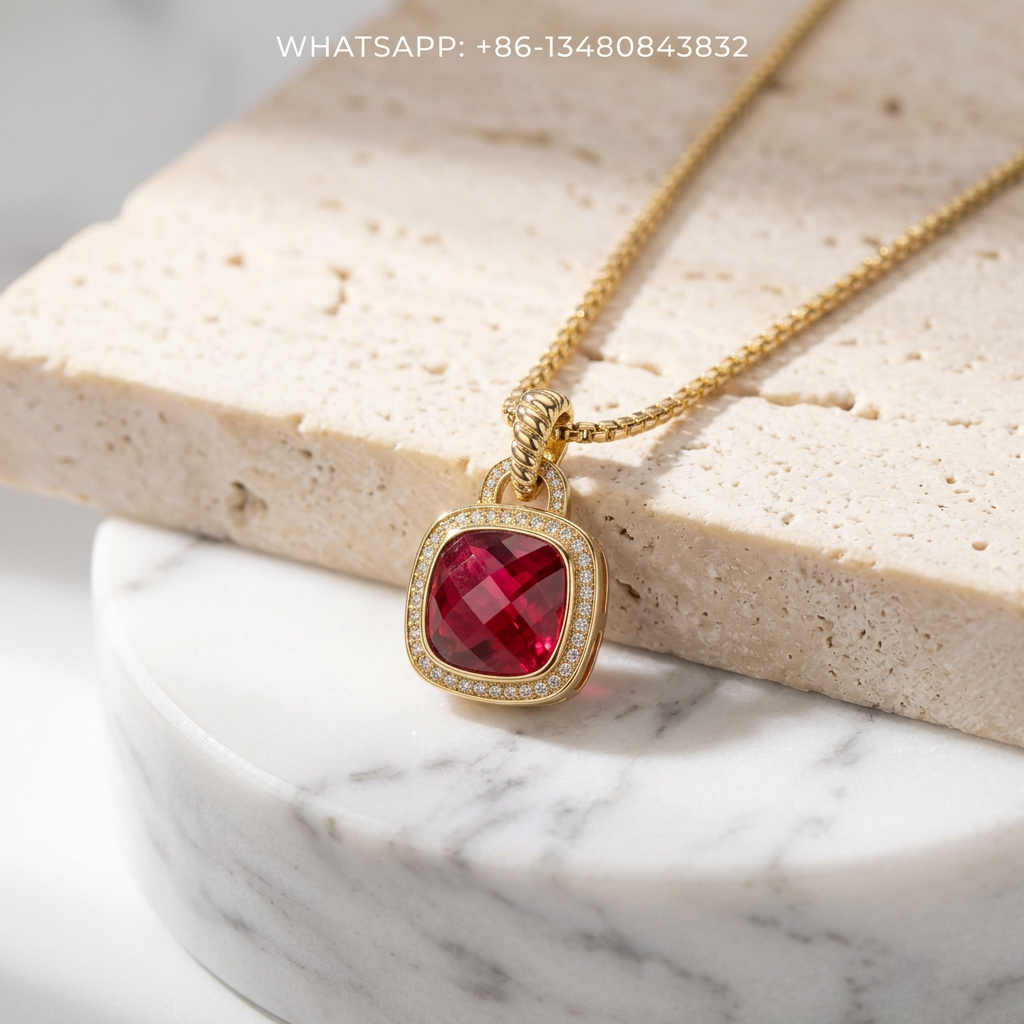 DY Necklace Albion 18K Gold Cushion Crimson Ruby Red Diamond Halo Pendant - WHATSAPP:+86-13480843832