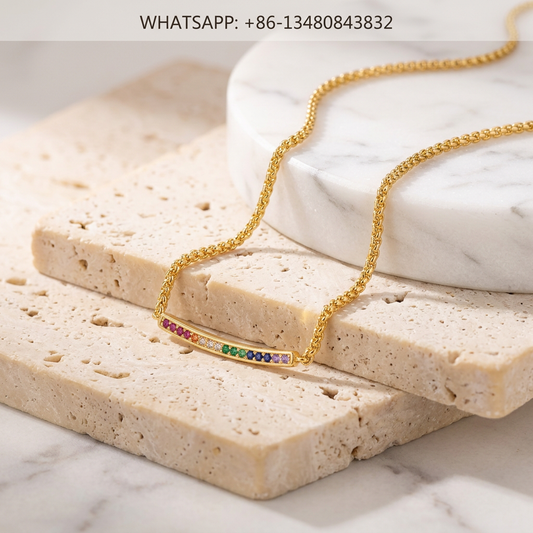 DY Necklace 18K Yellow Gold Rainbow Gemstone Curved Bar Pendant on Wheat Chain - WHATSAPP:+86-13480843832