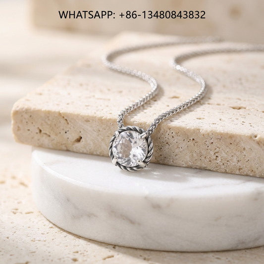 DY Necklace Sterling Silver Twisted Cable Round Clear Quartz Solitaire Pendant - WHATSAPP:+86-13480843832