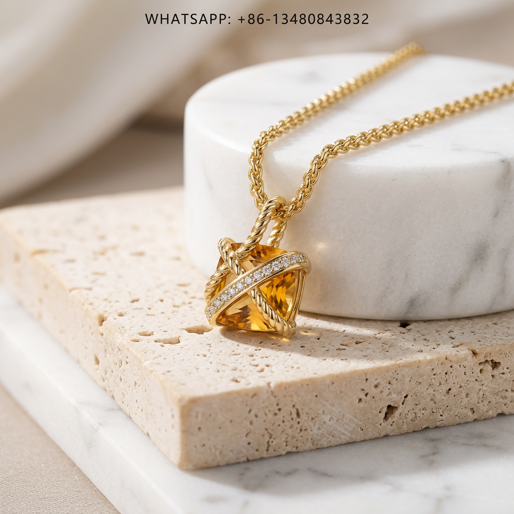 DY Necklace 18K Yellow Gold Faceted Yellow Citrine Crossover Wrapped Cable Pendant with Diamonds - WHATSAPP:+86-13480843832