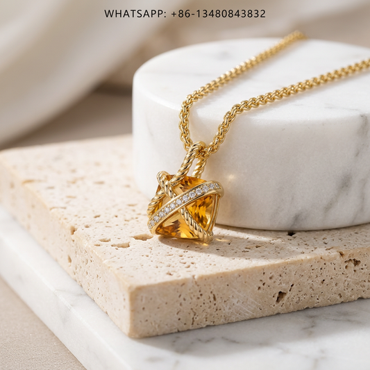 DY Necklace 18K Yellow Gold Faceted Yellow Citrine Crossover Wrapped Cable Pendant with Diamonds - WHATSAPP:+86-13480843832