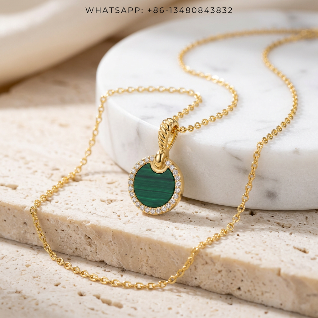 DY Necklace 18K Yellow Gold Green Malachite Disc Amulet Pendant with Diamond Halo - WHATSAPP:+86-13480843832
