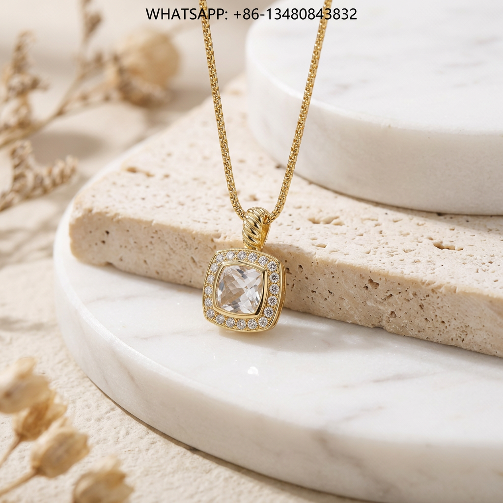 DY Necklace Petite Albion 18K Yellow Gold Cushion-Cut Clear White Quartz Pavé Diamond Halo Pendant Necklace - WHATSAPP:+86-13480843832