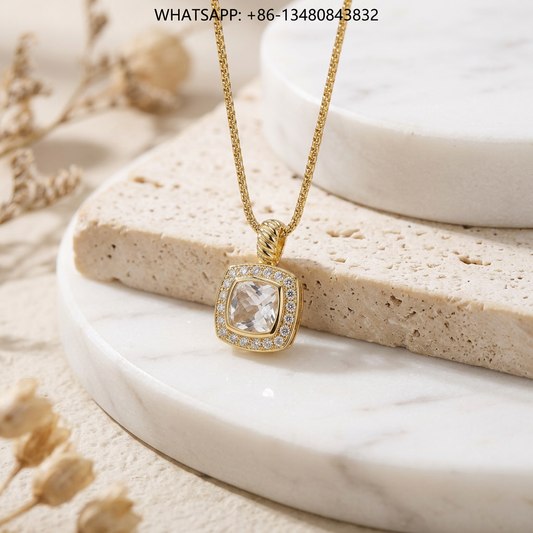 DY Necklace Petite Albion 18K Yellow Gold Cushion-Cut Clear White Quartz Pavé Diamond Halo Pendant Necklace - WHATSAPP:+86-13480843832