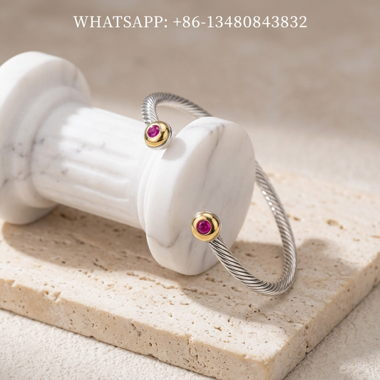 DY Bracelet Cable Classics Two-Tone 925 Sterling Silver & 18K Yellow Gold Ruby Domed Cap Cuff Bracelet - WHATSAPP:+86-13480843832