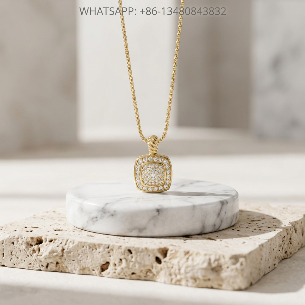 DY Necklace Petite Albion 18K Yellow Gold Cushion Full Pavé Diamond Double Halo Pendant Necklace - WHATSAPP:+86-13480843832