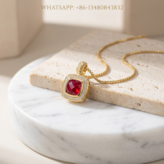 DY Necklace Petite Albion 18K Yellow Gold Cushion-Cut Red Ruby Pavé Diamond Halo Pendant Necklace - WHATSAPP:+86-13480843832